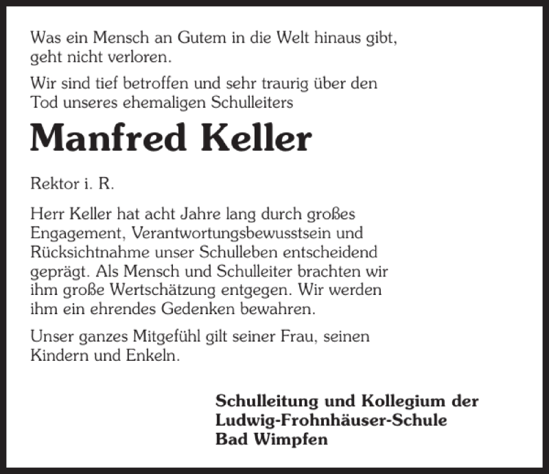 Traueranzeigen Von Manfred Keller Trauerundgedenken De