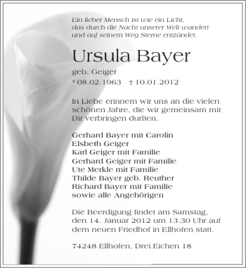 Traueranzeigen Von Ursula Bayer Trauerundgedenken De