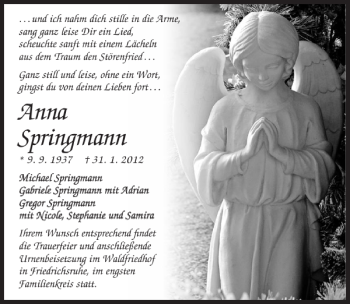 Traueranzeigen Von Anna Springmann Trauerundgedenken De