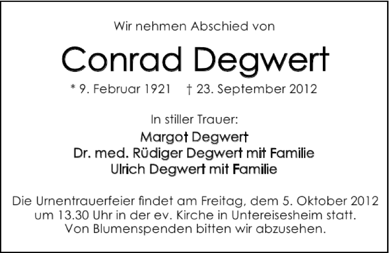 Traueranzeigen Von Conrad Degwert Trauerundgedenken De