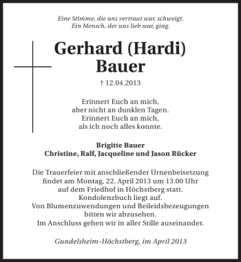 Traueranzeigen Von Gerhard Hardi Bauer Trauerundgedenken De