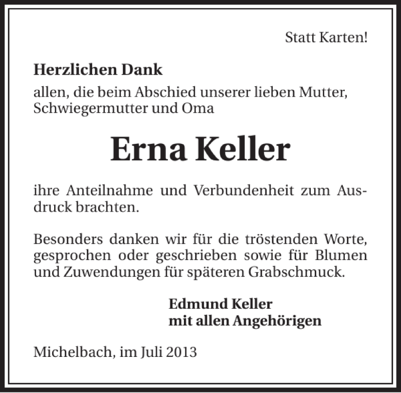 Traueranzeigen Von Erna Keller Trauerundgedenken De