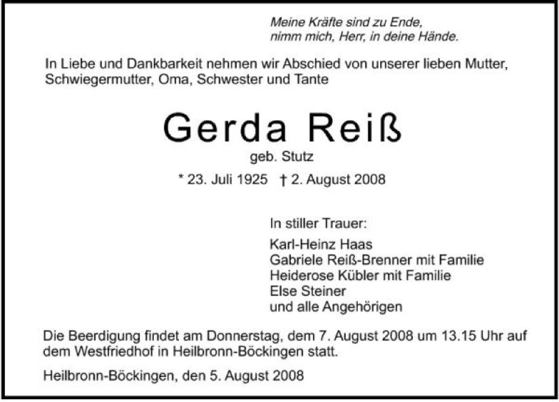 Traueranzeigen Von Gerda Rei Trauerundgedenken De