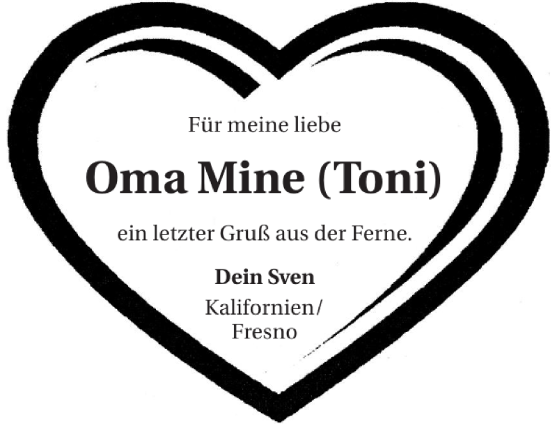 Traueranzeigen Von Oma Mine Toni Trauerundgedenken De