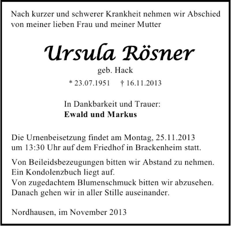 Traueranzeigen Von Ursula R Sner Trauerundgedenken De