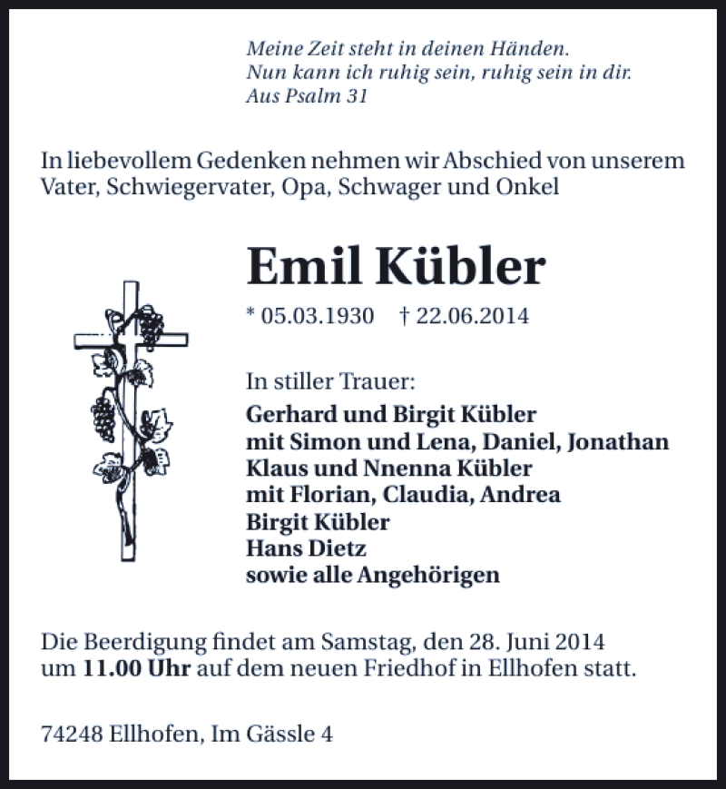 Traueranzeigen Von Emil K Bler Trauerundgedenken De