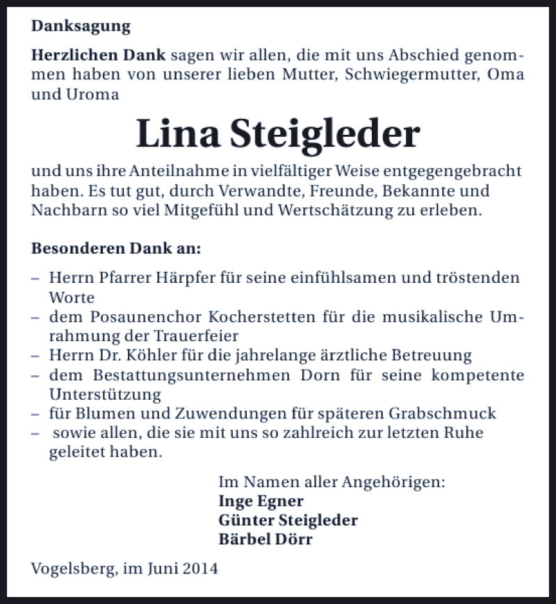 Traueranzeigen Von Lina Steigleder Trauerundgedenken De