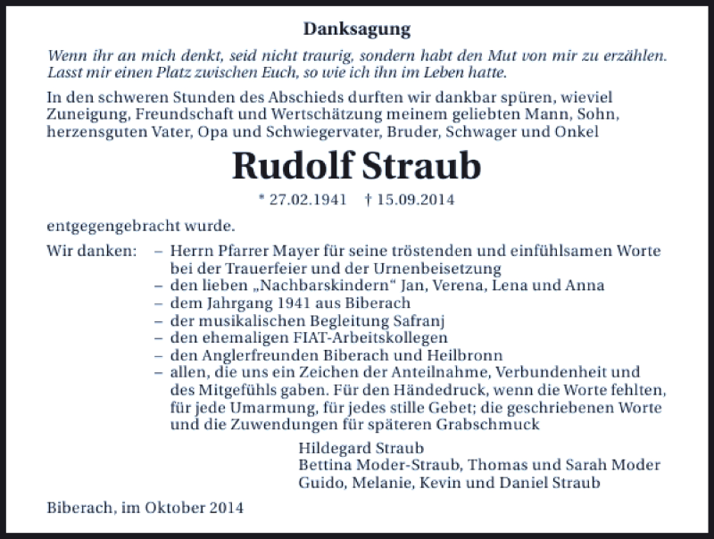 Traueranzeigen Von Rudolf Straub Trauerundgedenken De