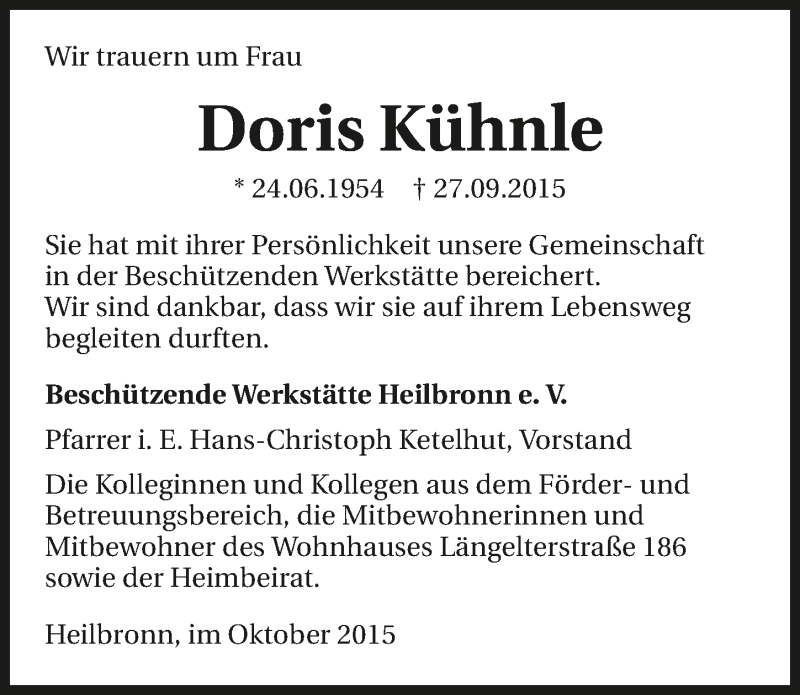 Traueranzeigen Von Doris K Hnle Trauerundgedenken De