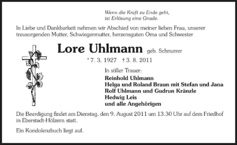 Traueranzeigen Von Lore Uhlmann Trauerundgedenken De