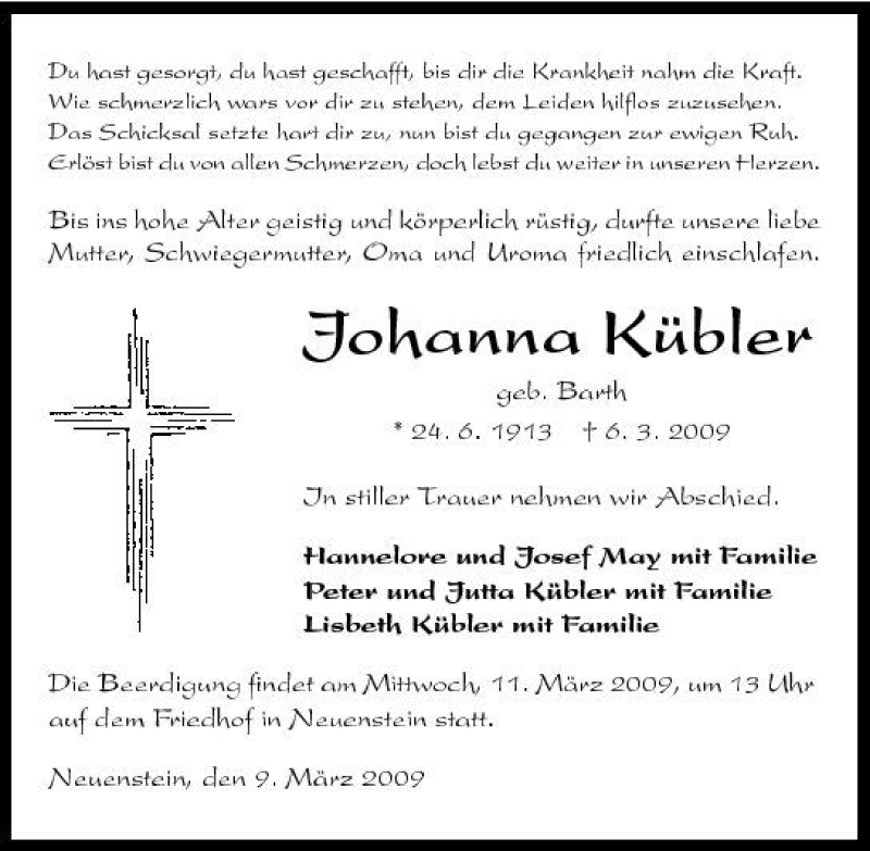 Traueranzeigen Von Johanna K Bler Trauerundgedenken De