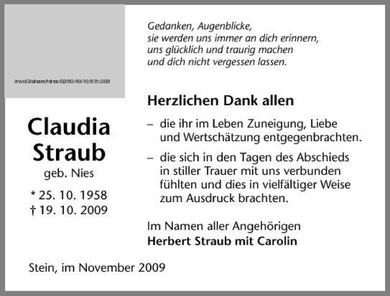 Traueranzeigen Von Claudia Straub Trauerundgedenken De