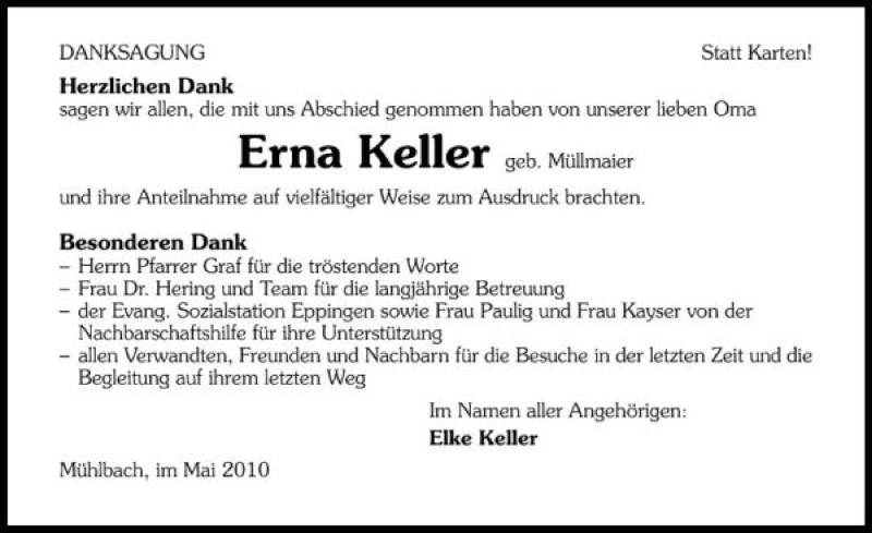 Traueranzeigen Von Keller Erna Trauerundgedenken De