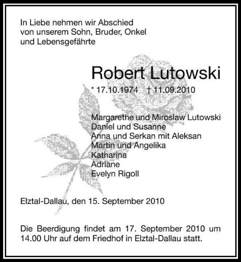 Traueranzeigen Von Robert Lutkowski Trauerundgedenken De