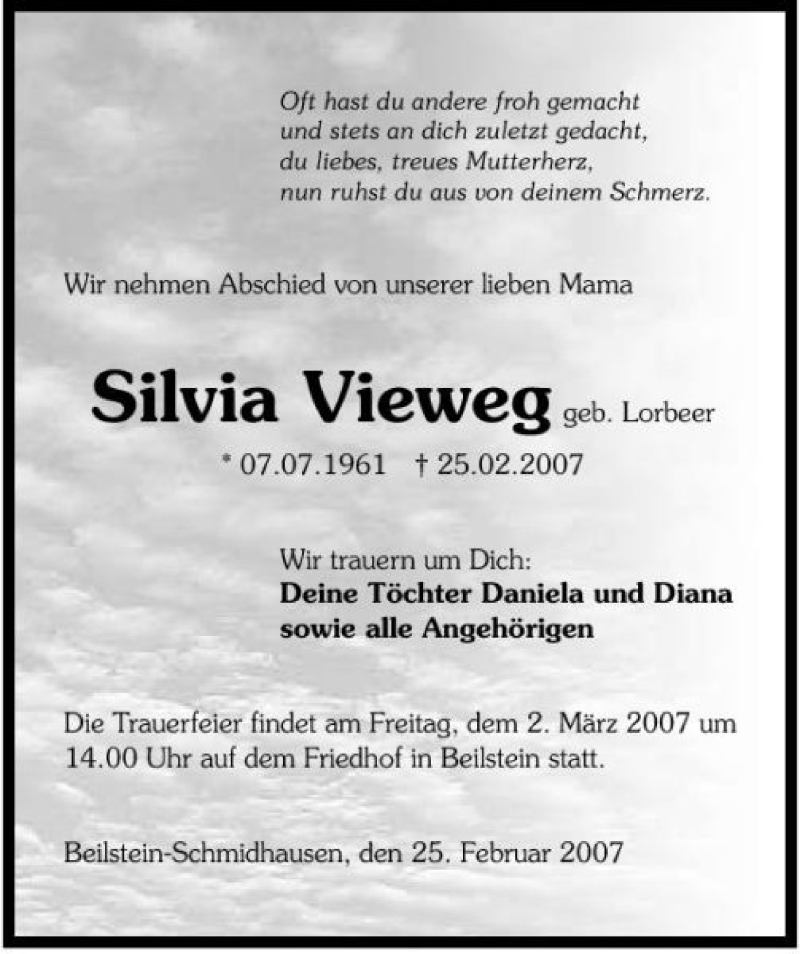 Traueranzeigen Von Silvia Vieweg Trauerundgedenken De