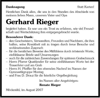 Traueranzeigen Von Gerhard Rieger Trauerundgedenken De