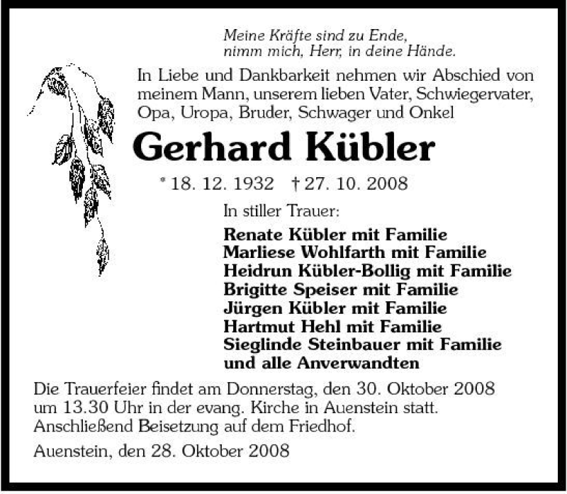 Traueranzeigen von Gerhard Kübler trauerundgedenken de