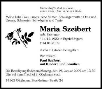 Traueranzeigen Von Maria Szeibert Trauerundgedenken De