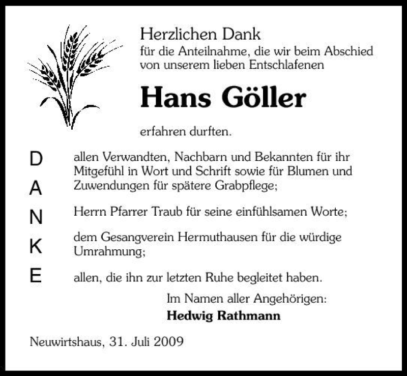 Traueranzeigen von Hans Göller trauerundgedenken de