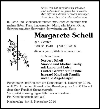 Traueranzeigen Von Traueranzeige Margarete Schell