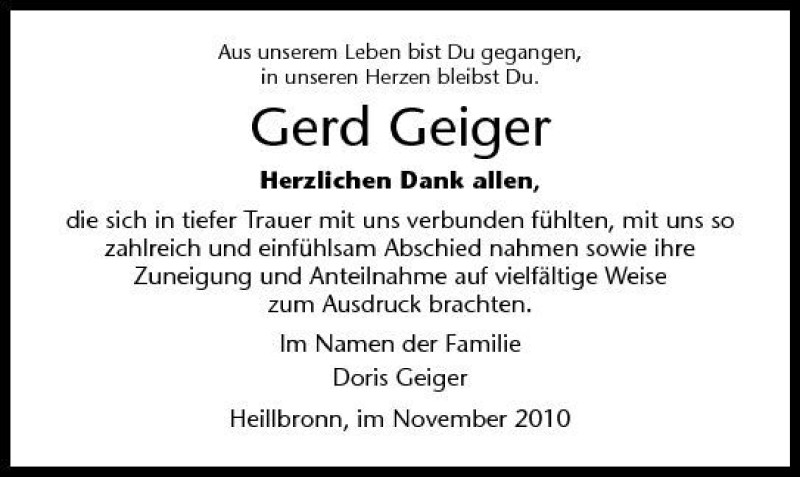 Traueranzeigen Von Gerd Geiger Trauerundgedenken De