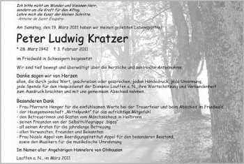 Traueranzeigen Von Peter Ludwig Kratzer Trauerundgedenken De