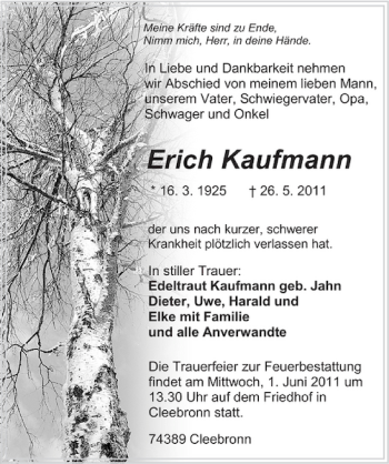 Traueranzeigen Von Erich Kaufmann Trauerundgedenken De