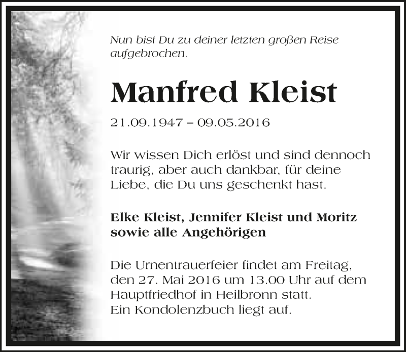 Traueranzeigen Von Manfred Kleist Trauerundgedenken De