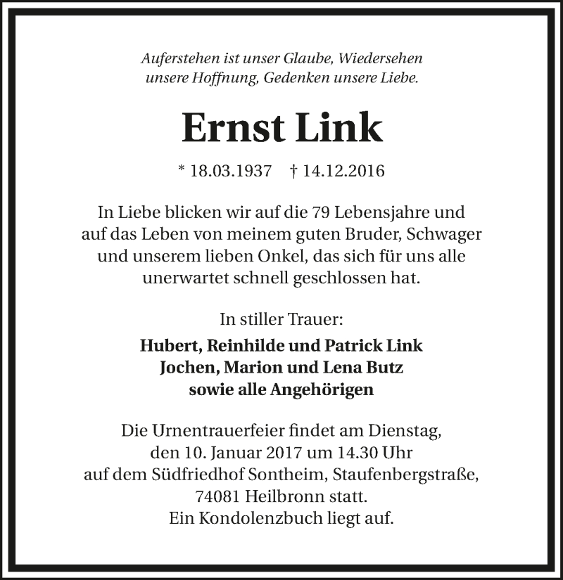 Traueranzeigen Von Ernst Link Trauerundgedenken De