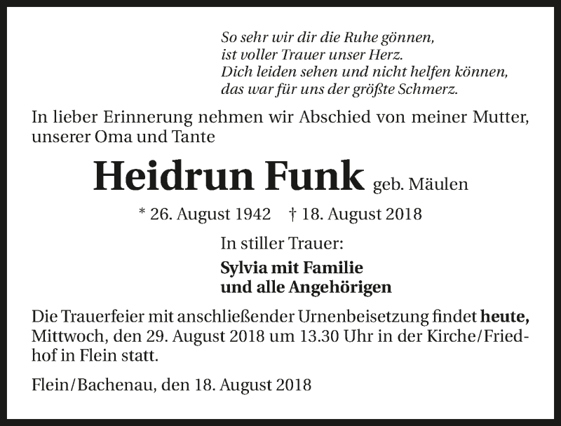 Traueranzeigen Von Heidrun Funk Trauerundgedenken De