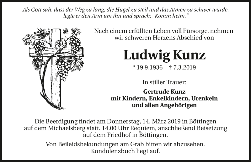 Traueranzeigen Von Ludwig Kunz Trauerundgedenken De