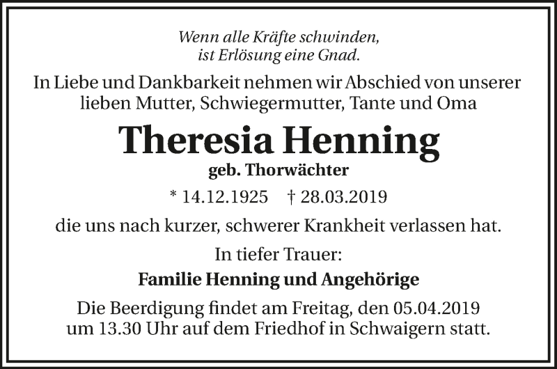 Traueranzeigen Von Theresia Henning Trauerundgedenken De