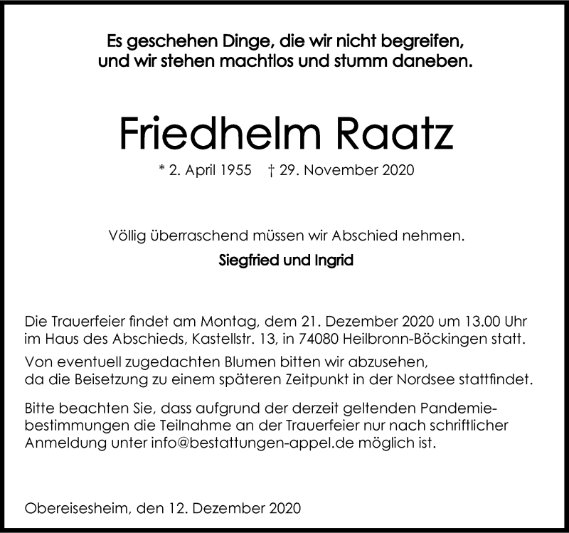 Traueranzeigen Von Friedhelm Raatz Trauerundgedenken De