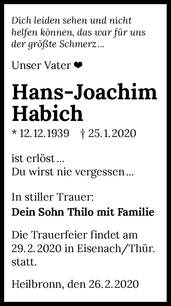 Traueranzeigen Von Hans Joachim Habich Trauerundgedenken De