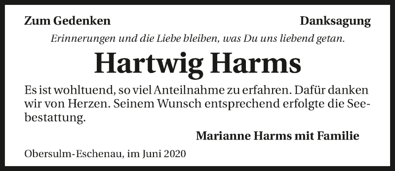 Traueranzeigen Von Hartwig Harms Trauerundgedenken De