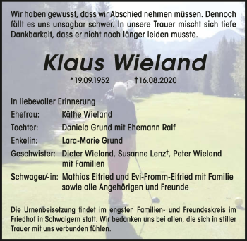 Traueranzeigen Von Klaus Wieland Trauerundgedenken De