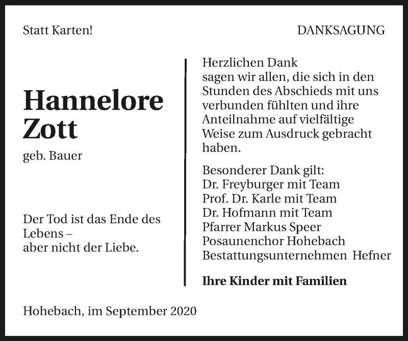 Traueranzeigen Von Hannelore Zott Trauerundgedenken De