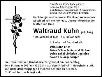 Traueranzeigen Von Waltraud Kuhn Trauerundgedenken De