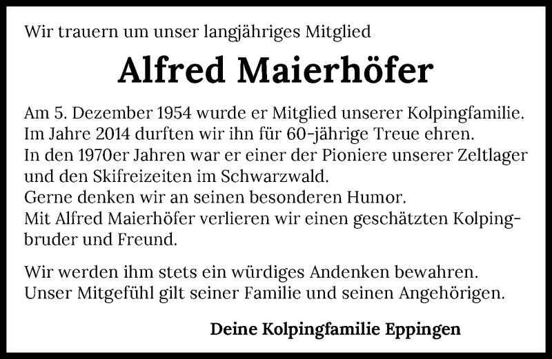 Traueranzeigen von Alfred Maierhöfer trauerundgedenken de