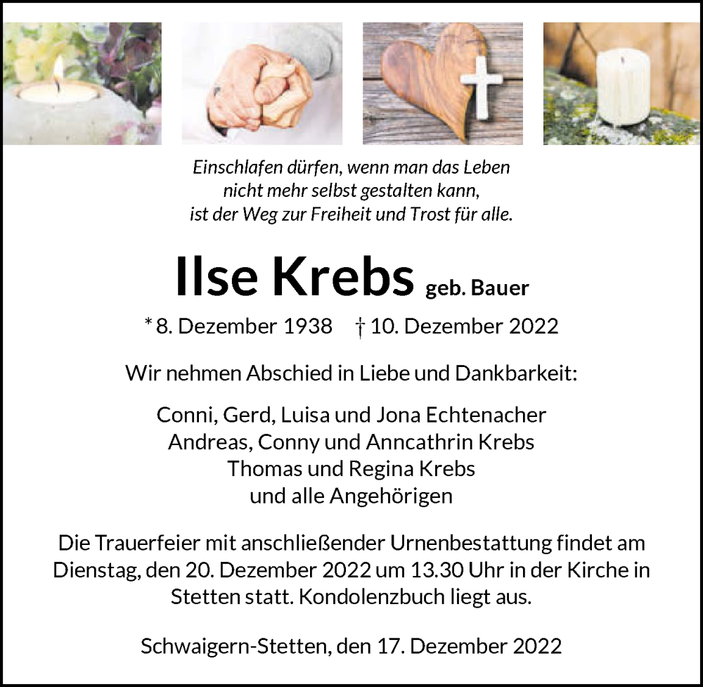 Traueranzeigen Von Ilse Krebs Trauerundgedenken De