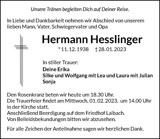 Traueranzeigen Von Hermann Hesslinger Trauerundgedenken De