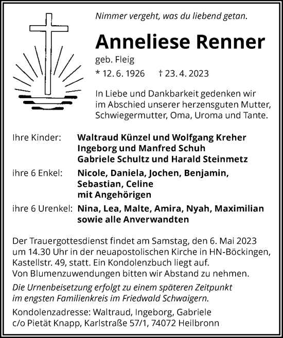 Traueranzeigen Von Anneliese Renner Trauerundgedenken De