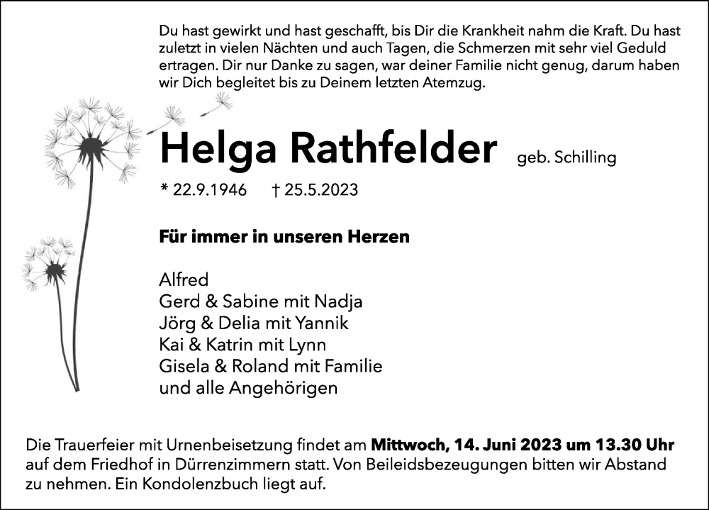 Traueranzeigen Von Helga Rathfelder Trauerundgedenken De