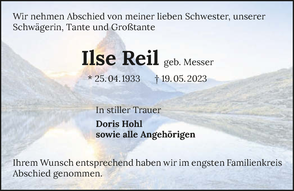 Traueranzeigen Von Ilse Reil Trauerundgedenken De