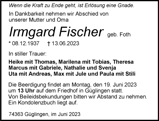 Traueranzeigen Von Irmgard Fischer Trauerundgedenken De