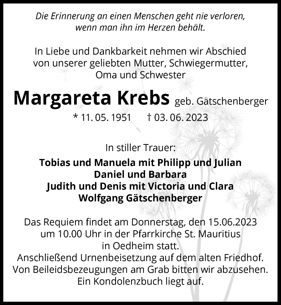 Traueranzeigen Von Margareta Krebs Trauerundgedenken De