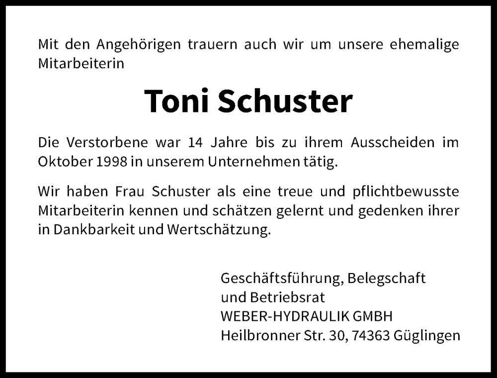 Traueranzeigen Von Toni Schuster Trauerundgedenken De