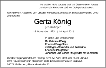 Traueranzeige von Gerta König 