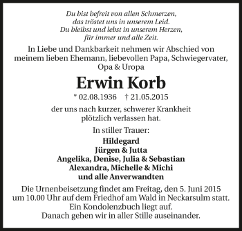 Traueranzeige von Erwin Korb 