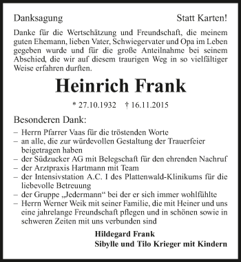 Traueranzeige von Heinrich Frank 